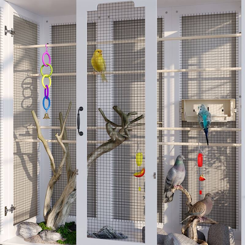 Indoor Bird Cage Cabinet with Storage Base, White Wooden Aviary with DIY Wire Mesh & Food Organizer