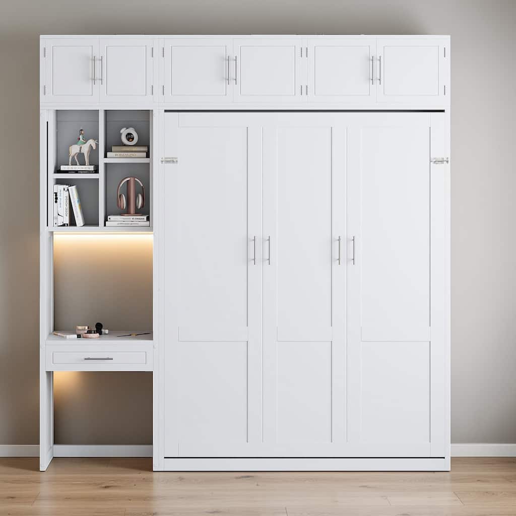Foldable Queen Murphy Bed with Desk, Top Cabinet, Bookshelves - Space-Saving Wall Bed Design