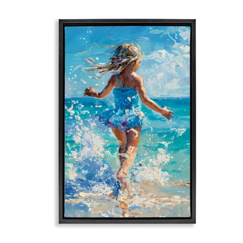 Stupell Girl Splashing on Shore Framed Floater Canvas Wall Art Design By LSR Design Studio - 21 x 31 - Black