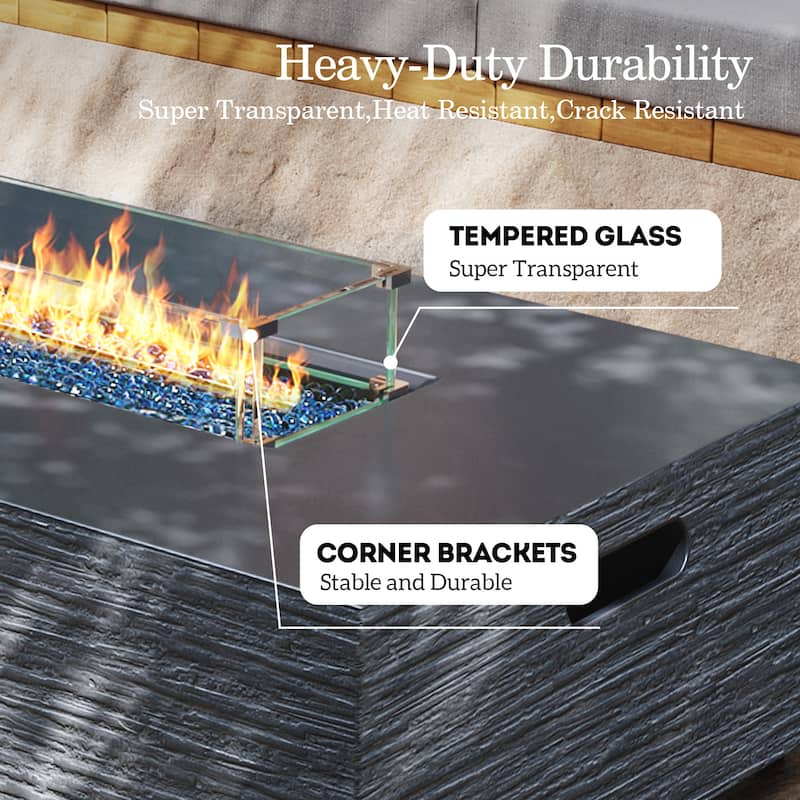 Patio Watcher 56in. Outdoor Rectangle Magnesium Oxide Fire Pit Table with Gas Tank Cover and Wind Guard