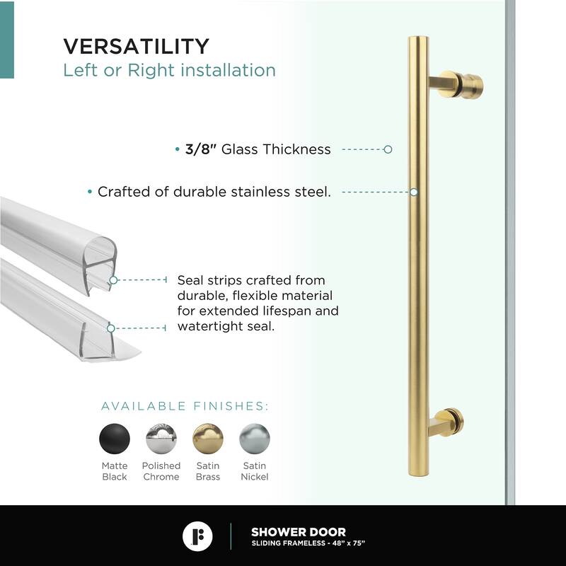 Fine Fixtures Frameless Clear Sliding Bathroom Shower Door
