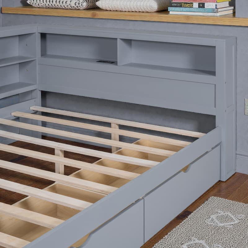 Full Size Wooden Daybed with 2 Storage Drawers, USB Charging Ports, Double-Layer Shelf, Sturdy Slatted Support