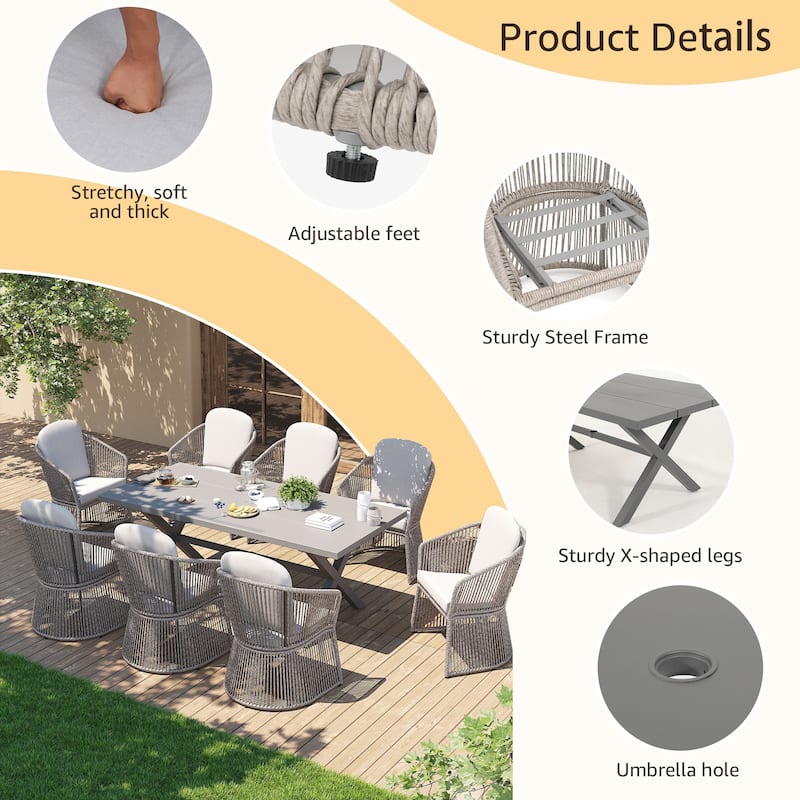 9-Piece Outdoor Dining Set - Weather-Resistant Aluminum Table with X-Leg Stability & PE Rattan Chairs
