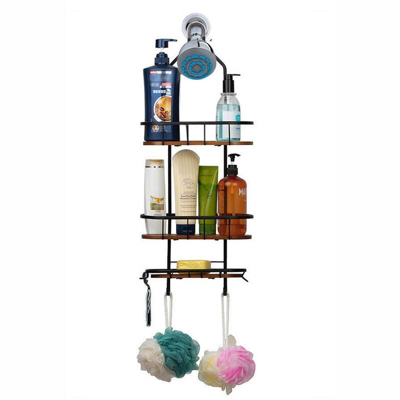 Utopia Alley Rustproof Teak Overhead Shower Caddy Organizer with 3 Shelves - Includes Shower liner and shower hooks, Black