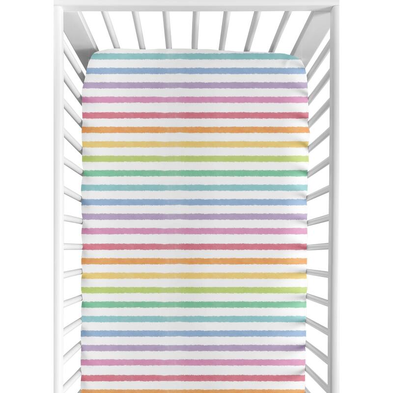 Sweet Jojo Designs Pastel Rainbow Striped Girl Fitted Crib Sheet Purple Pink Orange Yellow Sage Turquoise Blue Watercolor Stripe