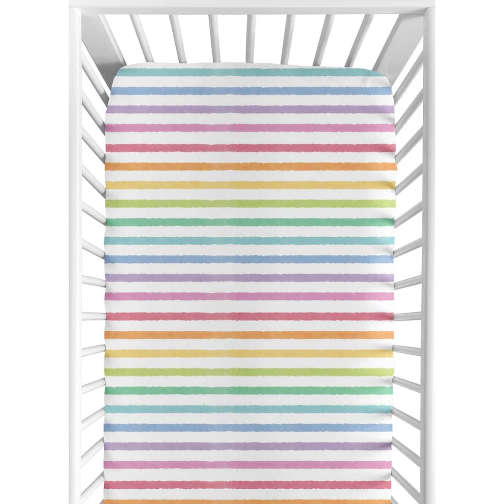 Sweet Jojo Designs Pastel Rainbow Striped Girl Fitted Crib Sheet Purple Pink Orange Yellow Sage Turquoise Blue Watercolor Stripe