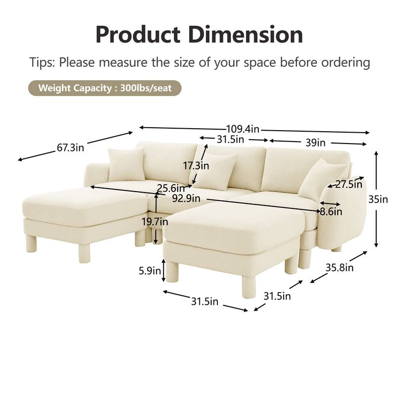 109.4" 3-Seater Modern Upholstered Sofa Couch, Deep-Seat Sectional Sofa with Shell-Shaped Armrests, Leisure Sofa for Living Room