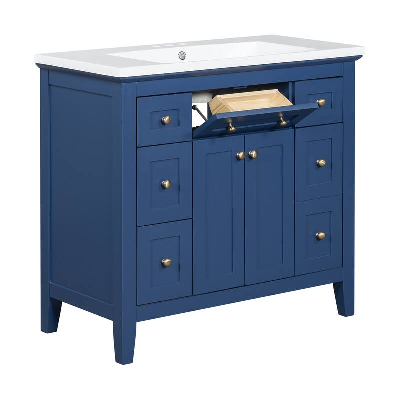 36'' Bathroon Vanity with Resin Sink Combo Set, Modern Freestanding Single Bathroom Cabinet with 6 Drawers & 2 Cabinets,Blue