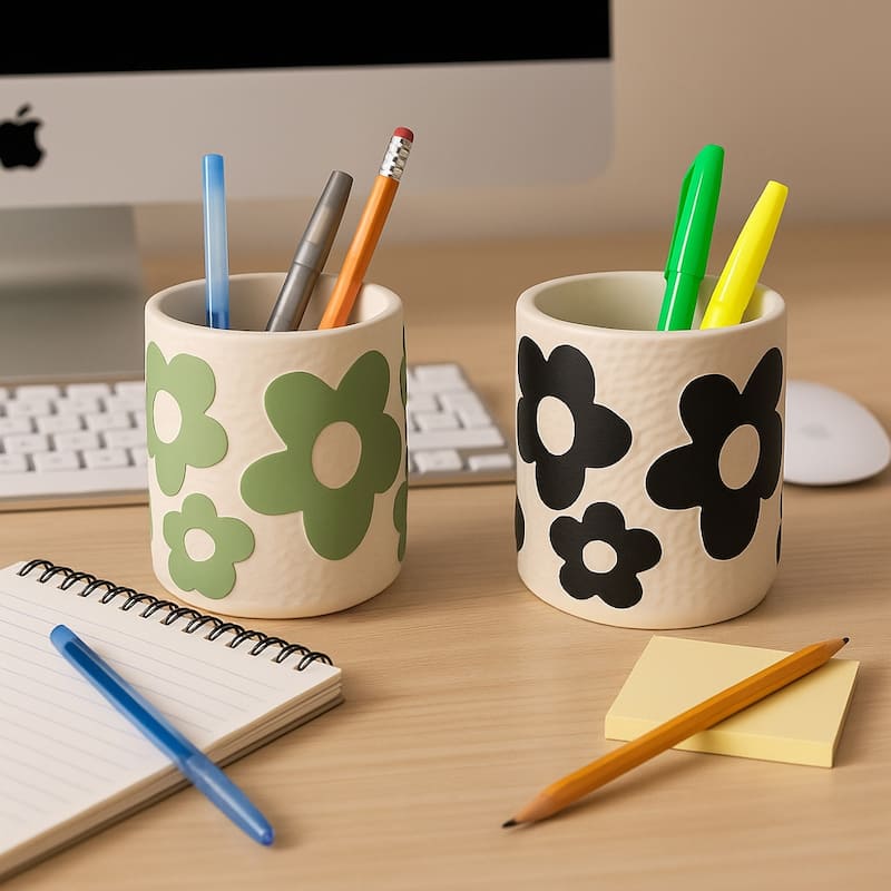 Decorative Flower Pencil Cups Storage - Set of 2, 4", Green & Black - 4.0"