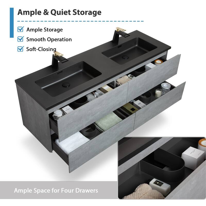 RupheonD 60" Cement Grey Bathroom Vanity with Black Quartz Top - 60 in. Vanity