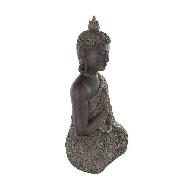 Brown Polystone Meditating Buddha Decorative Sculpture with Engraved Carvings and Relief Detailing