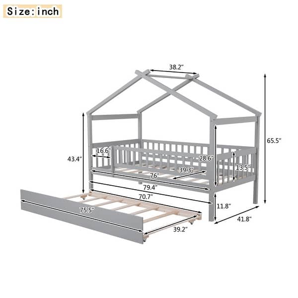 dimension image slide 0 of 4, Twin Size Wooden House Bed with Twin Size Trundle and Headboards