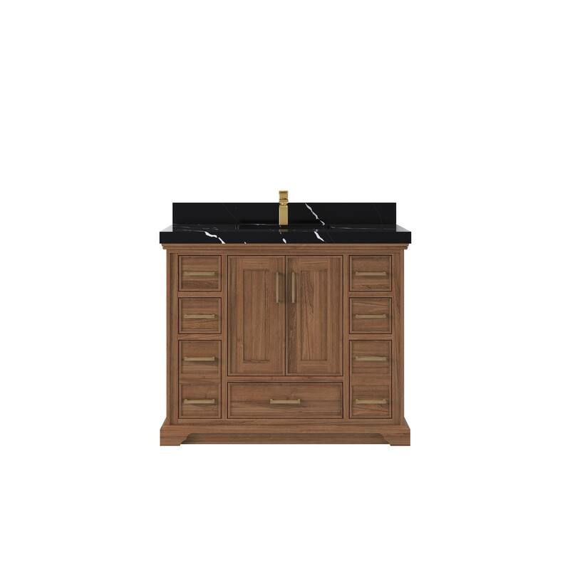 Willow Collections 42 in. W x 22 in. D Charlotte Teak Single Sink Bathroom Solid Teak Vanity with Countertop - 2”Calacatta Black - Dark Natural