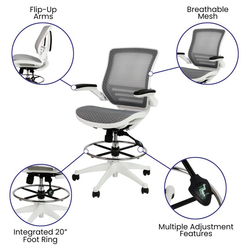 Mid-Back Transparent Mesh Drafting Chair with Flip-Up Arms - Tall Office Chair
