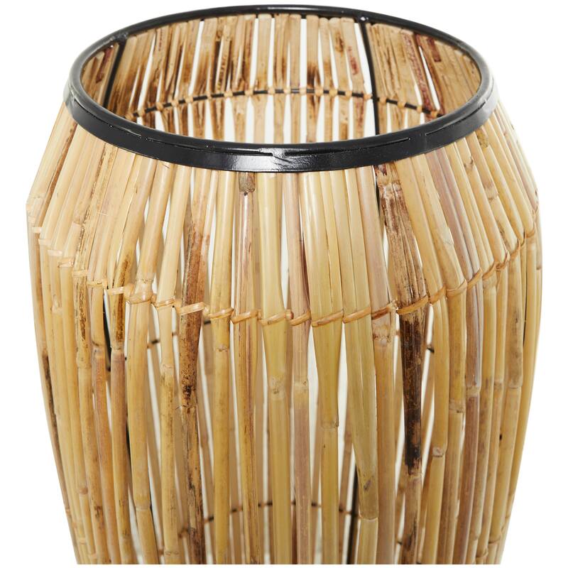 Brown Wicker Wood and Rattan Handmade Slatted Frame Vase with Black Metal Accents
