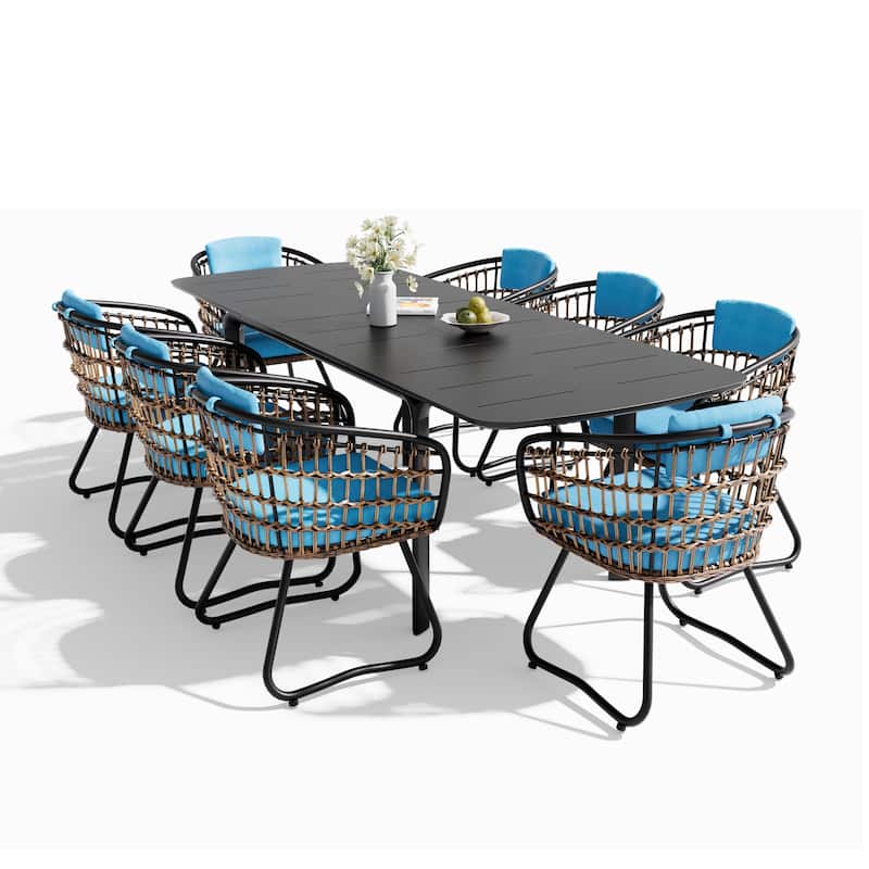 9-PC Outdoor Patio Aluminum Expandable Dining Sets Extension Table with Rattan Chairs - Table-Black&Chair-Blue