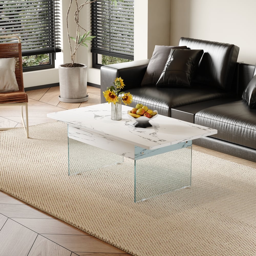 Multifunctional Lift-Top Coffee Table with Tempered Glass Legs, Rectangular Living Room Table 2-Tier Center Table