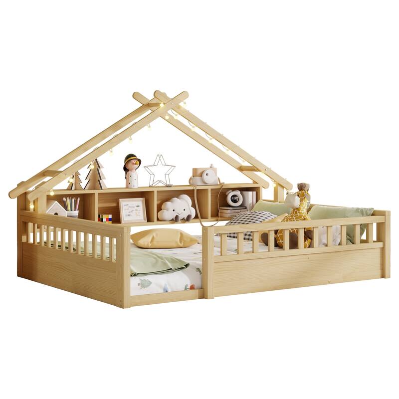 Floor Bed House Bed Frame with Storage Shelf Safety Guardrails