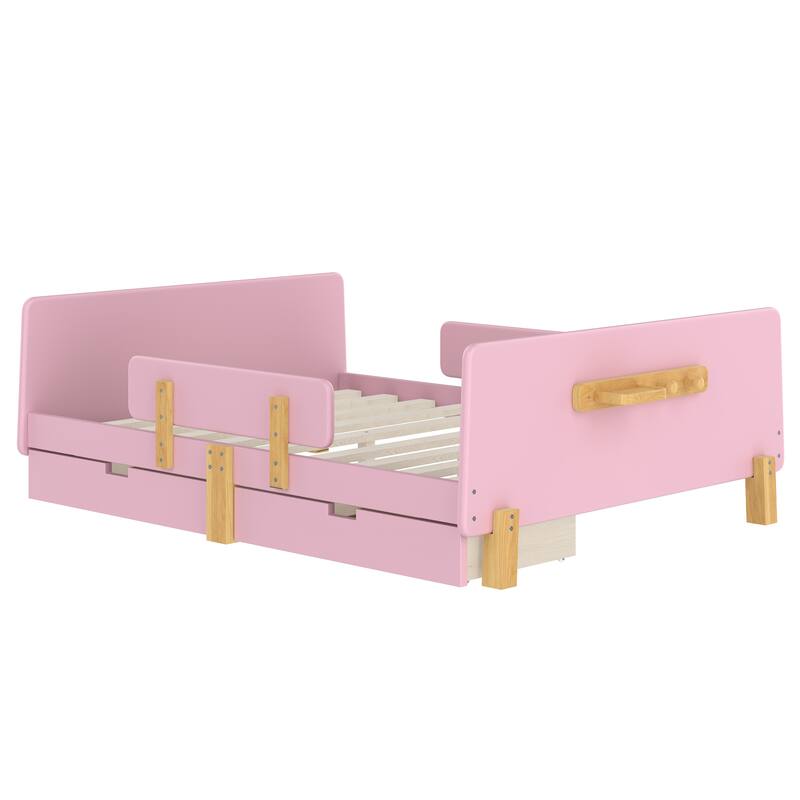 Roomfitters Platform Bed with Storage Drawers and Shelf, Solid Wood Frame with Hooks and Guardrails