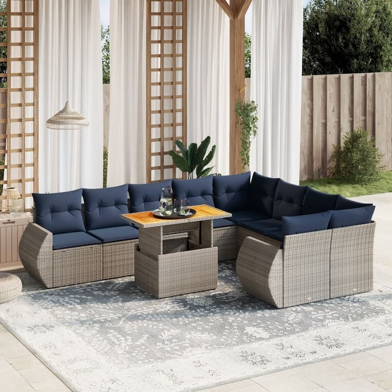 vidaXL Patio Sofa Set with Cushions Outdoor Furniture 10 Piece Poly Rattan - 24.4 x 24.4 x 27.2 - Grey-Table+5x middle+2x corner