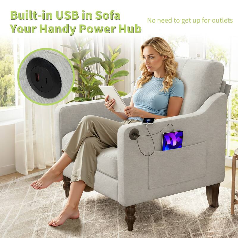 Chenille Accent Armchair, Upholstered Lounge Chair with USB Port, Single Sofa Chair with Wooden Legs & Side Storage