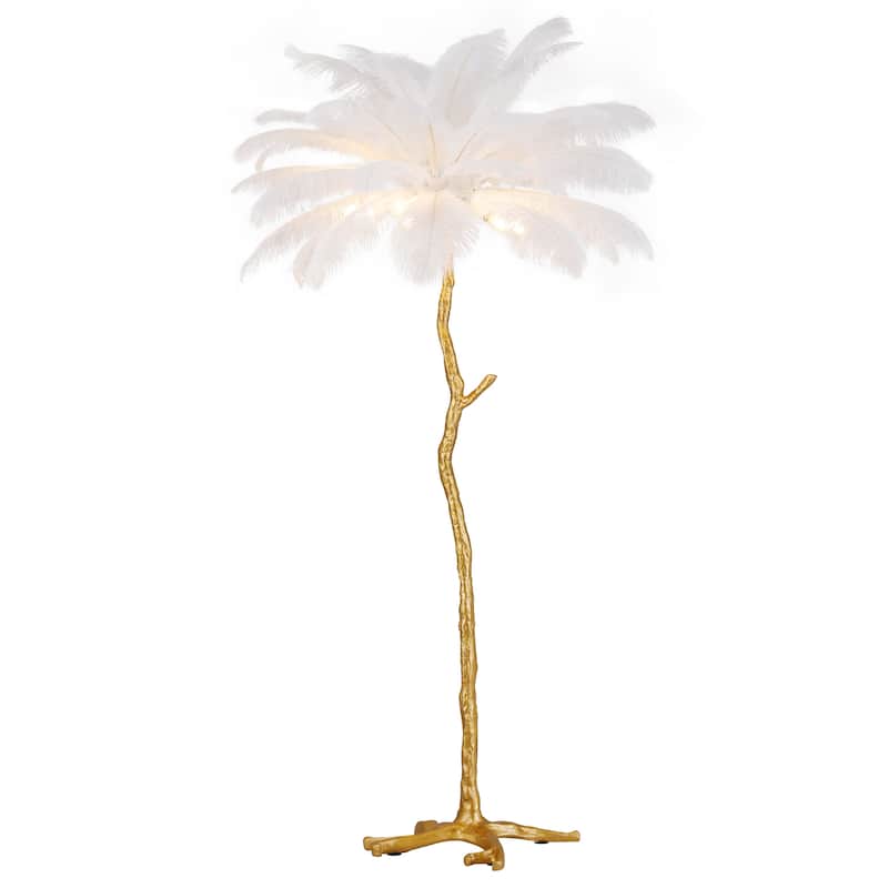 5-Light 35" Wide Novelty Golden Tree Branch LED Floor Lamp with White Ostrich Feather Shades
