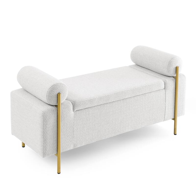 Elegant Linen Storage Bench with Cylindrical Arms & Metal Legs