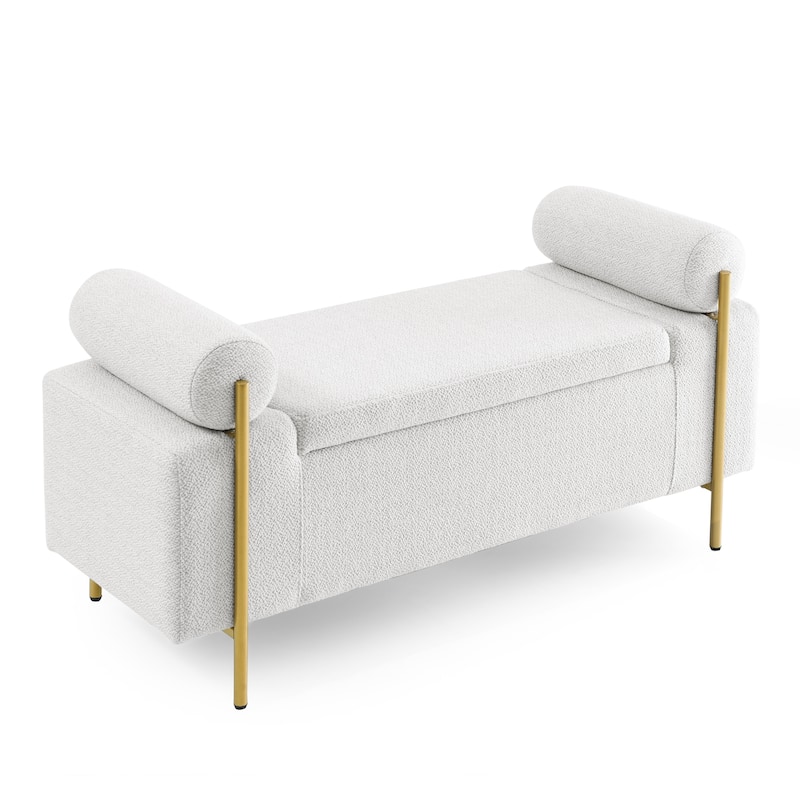 Linen Upholstered Storage Bench with Cylindrical Arms and Iron Legs