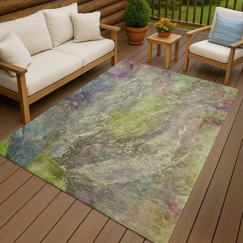 Machine Washable Indoor/ Outdoor Abstract Watercolor Chantille Rug