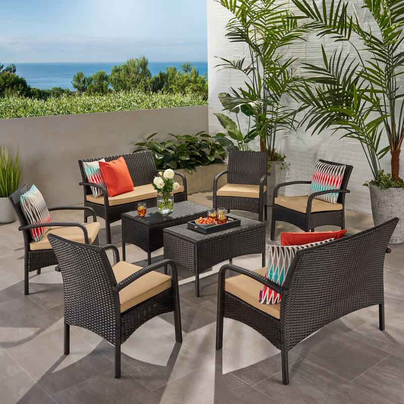 Cordoba Wicker/ Iron 8-piece Outdoor Chat Set with Cushions by Christopher Knight Home - Brown+Tan