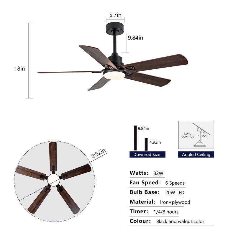 Smart 52" Indoor/Outdoor Ceiling Fan with Light, Dual Finish Black/Walnut 6-Blade, Remote & APP Control, Dimmable LED
