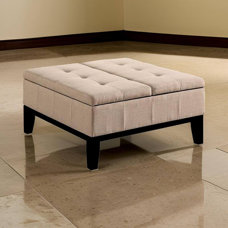 Orin 36 Inch Ottoman, Split Storage Lid, Tufted Beige Upholstery, Wood