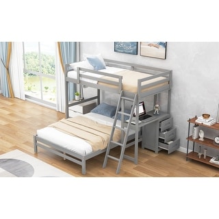 Grey Twin over Full,Side 3-drawer-desk, Convertible Separated to 2 Bed