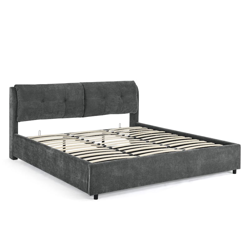 Chenille King Storage Bed with Hydraulic Lift and Integrated Headboard