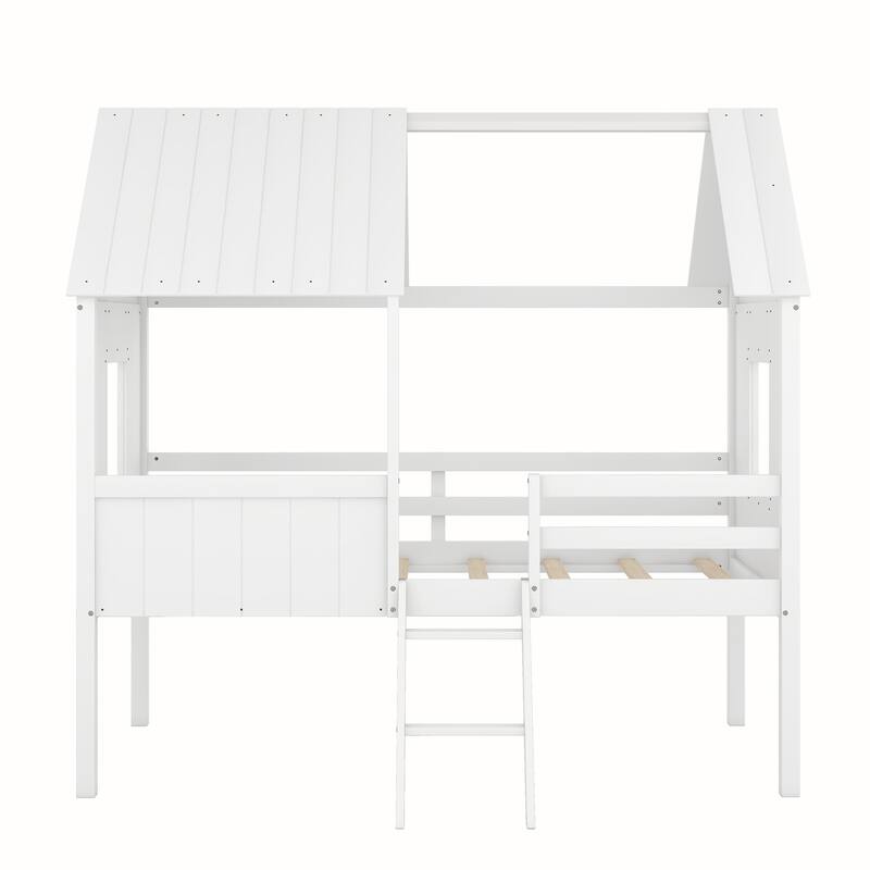 Twin Size Low Loft Wood House Bed with Two Side Windows and Guardrail