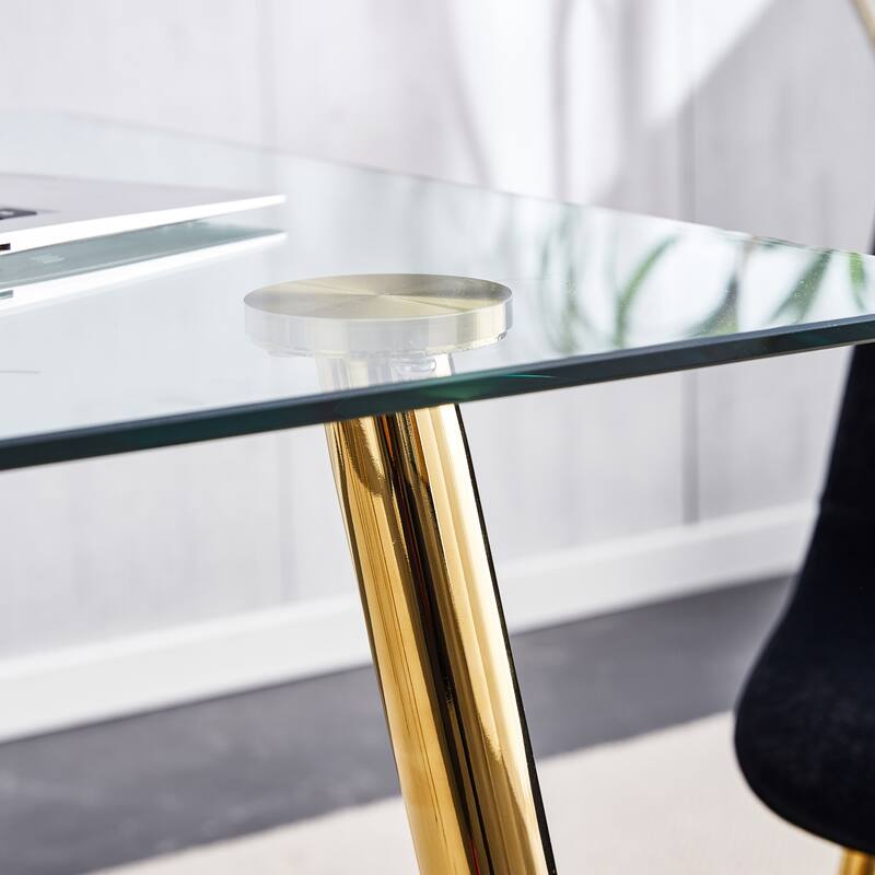 Modern Minimalist Rectangular Glass Dining Table Tempered Glass Tabletop and Golden plating Metal Legs,Writing Table Desk