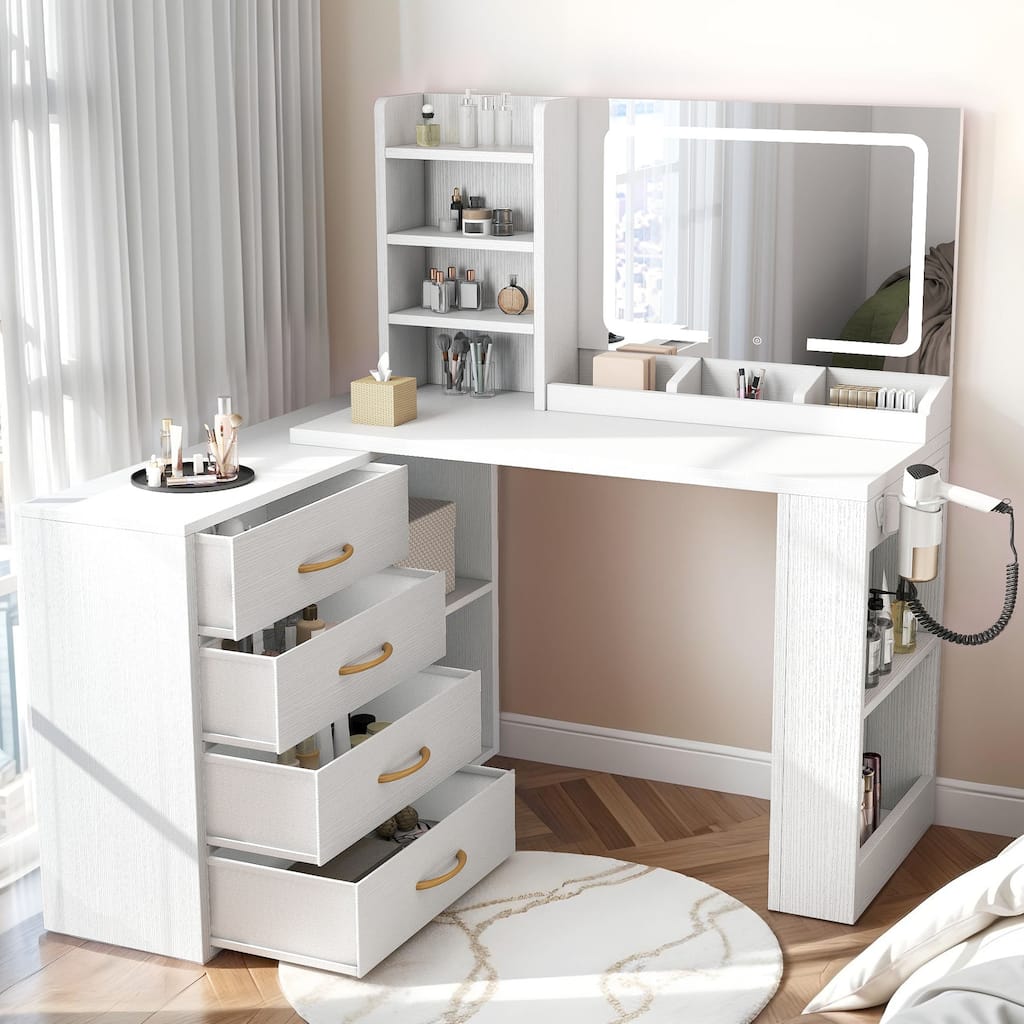Moasis L-Shape Makeup Vanity Desk with Mirror and Lights & Charging Station