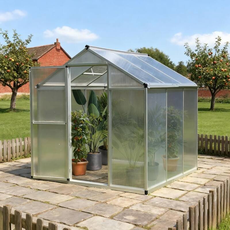 GDFStudio - Outdoor 6'x6' Aluminum Frame Walk-In Polycarbonate Greenhouse with Roof Vent & Rain Gutters - Silver