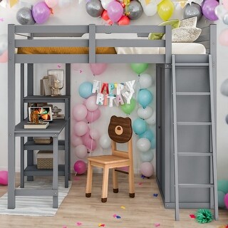 Full Size Loft Bed With Wardrobe and Desk and Shelves,Sturdy Construction