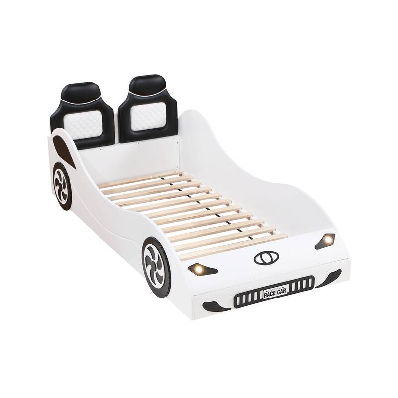 White Twin Car Bed with LED Lights and Upholstered Headboard