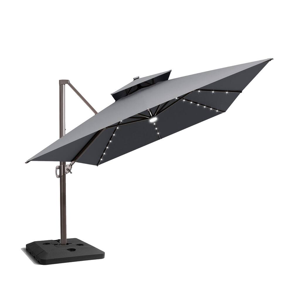 10x13 FT Outdoor Patio Double Top Aluminum Cantilever Umbrella Solar LED Lighted with 4 Piece Square Offset Umbrella Base