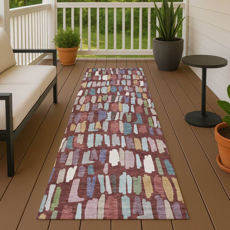 Machine Washable Indoor/ Outdoor Modern Mosaic Chantille Rug - Burgundy - 2'3" x 7'6"