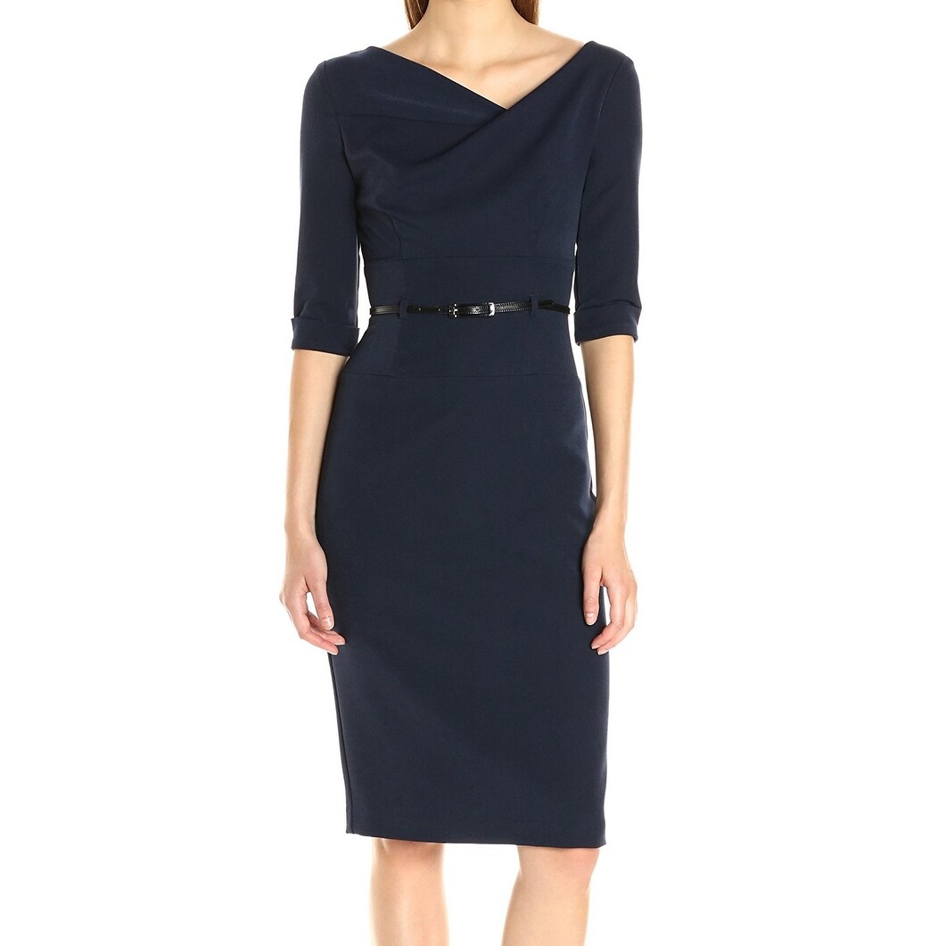 black halo belted sheath dress