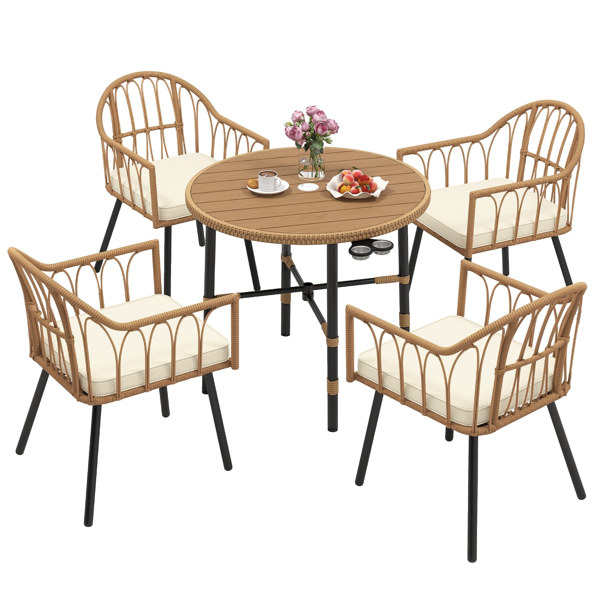 Moasis 4 Pieces Rattan Wicker Dinning Patio Chairs Set with Beige Cushions