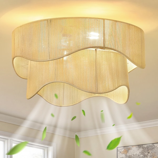 slide 2 of 28, 20'' Boho Caged Ceiling Fan With Fabric Shades, Light Kit And Remote Control 19.69'' - Sand Gold/Linen - Hardwired/Remote