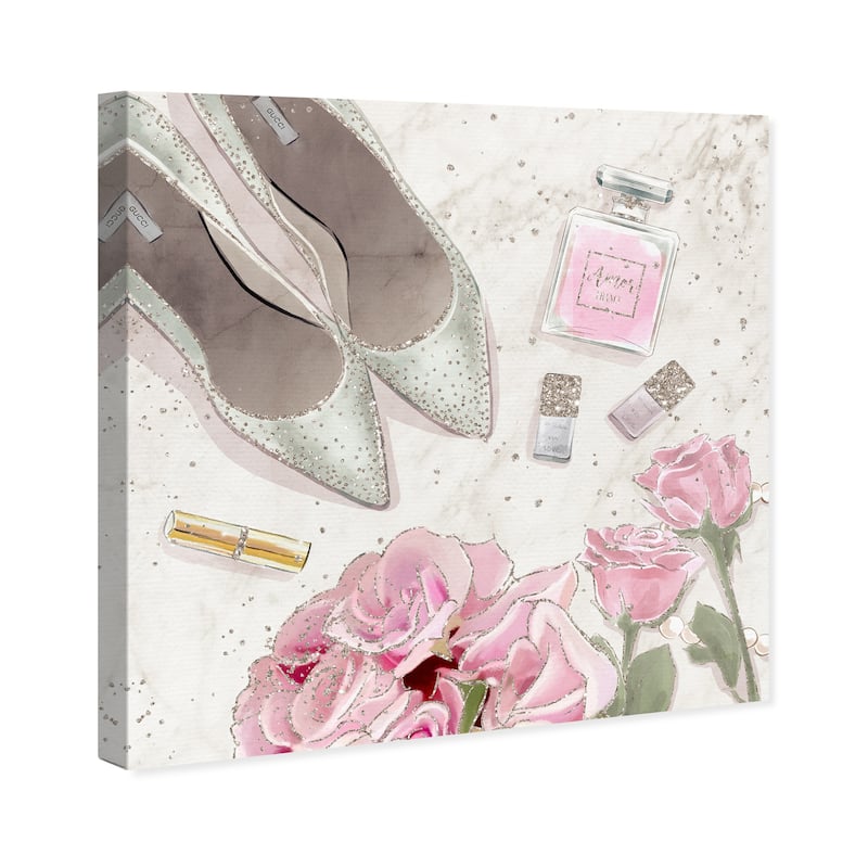 Wynwood Studio Canvas Fashion and Glam Here Comes the Bridal Heels White and Pastel Pink Glam Wall Art Canvas Print