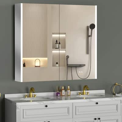 LED Light Bathroom Medicine Cabinet with Mirror, Surface or Recessed Mounted, 3-Color Light, Defogger, Outlet&USB, Clock&Temp