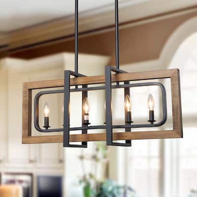 Farmhouse 6-Light Wood Linear Chandelier Island Lights for Dining Kitchen Island