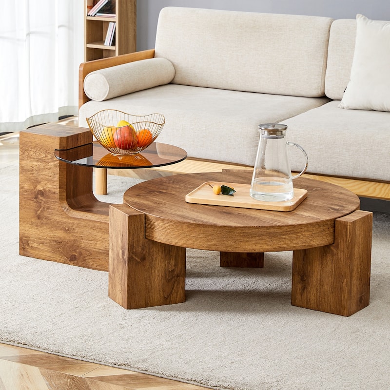 Double-Layer Round Coffee Table, Transparent Glass Top with L-Shaped Legs, Detachable Design Modern Center Table