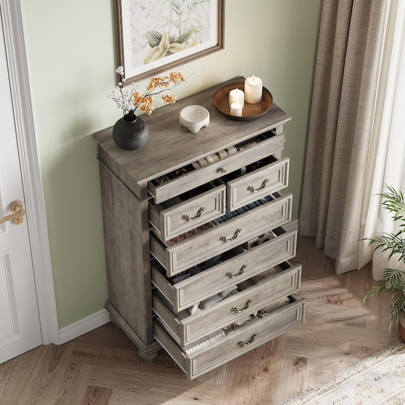 7/9 Drawer Dresser with Jewelry Storage, Rustic Wood Chest with Metal Handles, Vintage Storage Organizer